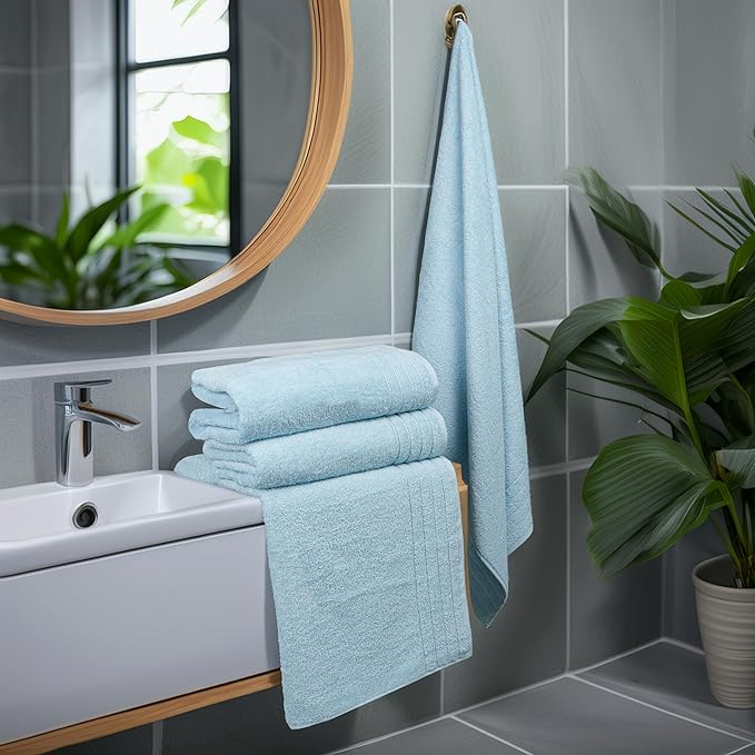 Tens Towels Pack of 4 Extra Large Bath Towels 30 x 60 Inches, 100% Cotton, Larger & Lighter Weight, Quicker to Dry, Super Soft and Absorbent, Perfect for Bathroom, Sky Blue