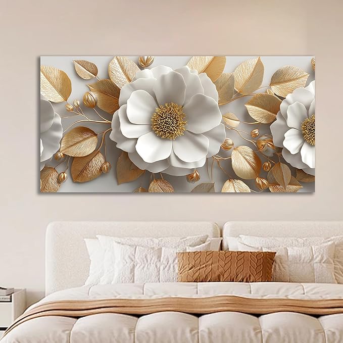 Tarfupth Floral Canvas Wall Art for Living Room Gold and White Flowers Large Botanical Artwork for Bedroom Office Home Decor Canvas Prints 20"x40"