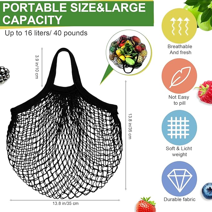 Paterr 50 Pack Cotton Mesh Produce Bags Bulk Reusable Market Bag Washable Net Grocery Purse String Shopping Tote Beach Organizer for Vegetable Fruit Picnic Food Storage (Short Handle,Black)