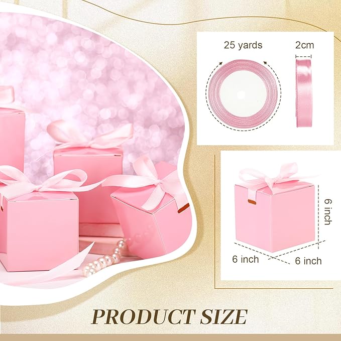 48 Pcs Christmas Gift Boxes with Ribbon Small Party Favor Boxes with Lids Mini Treat Candy Container for Wedding, Party, Birthday, Valentine's Day and More(Pink,6 Inch)
