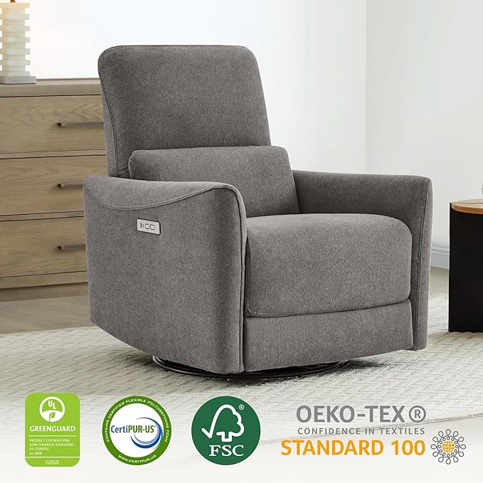 CHITA Power Recliner Chair Swivel Glider, FSC Certified Fabric Living Room Reclining Sofa Chair with Lumbar Support, Metal Grey