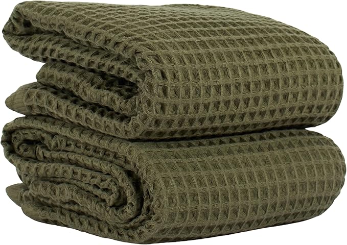 PÜSKÜL Premium Waffle Bath Towels Set of 2 - Organic 100% Turkish Cotton Bath Towel - Quick Dry, Absorbent, Light, Thin, 32x63 Large Waffle Towels for Bathroom (Khaki Green Bath Towels - Pack of 2)