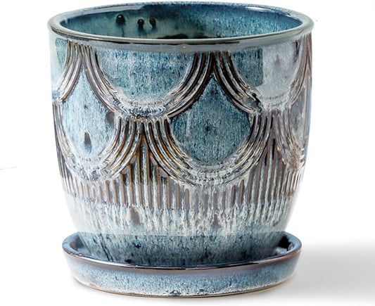 Ceramic Planter Pot, 5in, Reactive Glaze Blue, Indoor Outdoor Usage, with Drainage Hole and Saucer