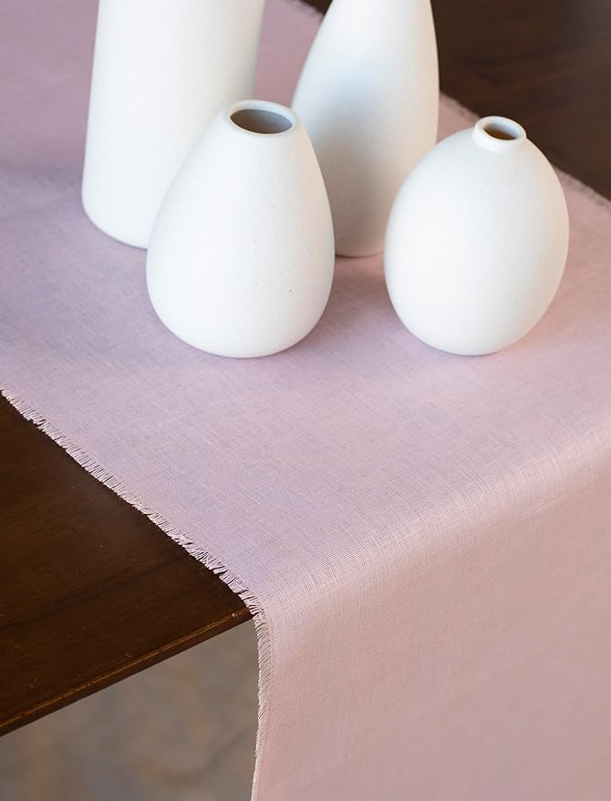 Pink Linen Table Runner with Fringe- 14x90 inches Long, 100% Pure Linen Runner for Table, Table Runner for Valentines Day, Spring and Summer –Thin but Luxury, Handmade