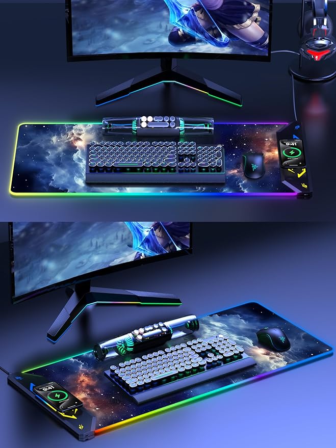 TopMade Wireless Charging Mouse Pad, RGB Gaming Mousepad, 35.4" x 15.8" Extra Large Waterproof Keyboard Desk Pad, Computer Desk Mat, Blue Nebula (Includes 20W PD Power Adapter & 6.56ft Woven Cable)