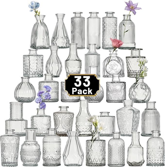 Glass Bud Vase Set of 33 Pcs Small Minimalist Vases for Flowers, Vintage Rustic Home Decor for Table Centerpiece Wedding Party, Modern Clear Aromatherapy Bottle for Living Room Bedroom