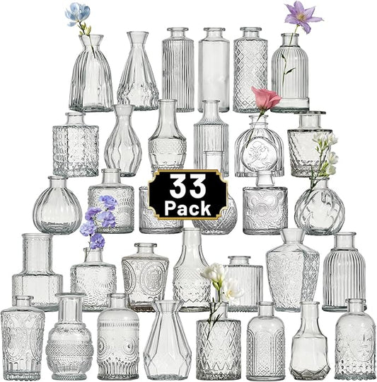 Glass Bud Vase Set of 33 Pcs Small Minimalist Vases for Flowers, Vintage Rustic Home Decor for Table Centerpiece Wedding Party, Modern Clear Aromatherapy Bottle for Living Room Bedroom