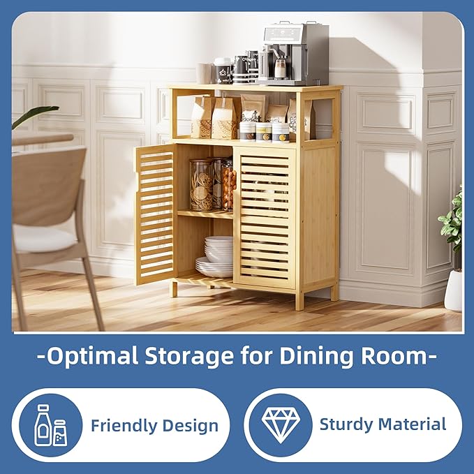 HITNET Bathroom Cabinet Freestanding, Bamboo Storage Cabinet 4-Tier Floor Cupboard with Door and Shelf for Bathroom, Kitchen, Hallway, Natural