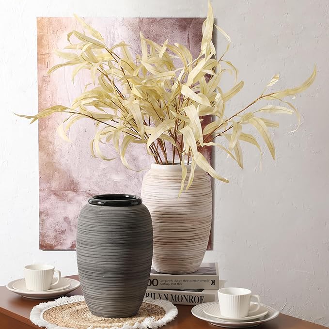 ALMA Large Black Vase Home Decor, 12'' Tall Gray Boho Decorative Vase with Wide Mouth, Ceramic Table Pampas Grass Vase for Centerpieces, Living Room, Farmhouse, Entryway, Mantel, Bookshelf
