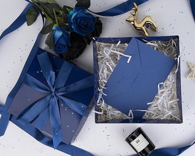 Jaywayang 5 Pack Blue Gift Boxes with Lids, Ribbons and Tissue Papers Square Gift Boxes - 7.1 Inch - Birthday, Wedding, Presents Wrapping, Father's Day, Valentine's Day Decoration Party Favor Boxes.