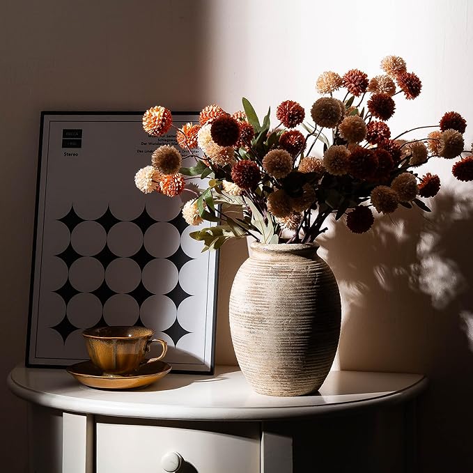Rustic Ceramic Flower Vase - 8in Vintage erracotta Vase for Home Decor - Christmas Decorative TFlower Bud Vases, Mondern Farmhouse Vase - Living Room Shelf Decor Table, Lyeec
