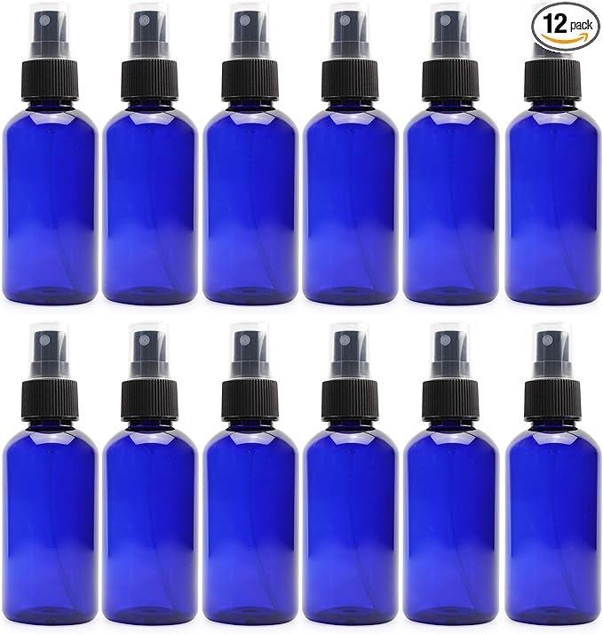 Cornucopia Brands 4oz Blue PLASTIC Fine Mist Spray Bottles (Pack of 12) BPA-Free Plastic Spritzer Bottles, Labels Included; PET #1 Plastic Bottles