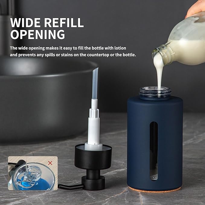 Enra Foaming Soap Dispenser with Window,12oz Blue Kitchen Soap Dispenser with Stainless Steel Hand Pump, Foam Modern Glass Refillable Bottle for Bathroom Kitchen (Blue Foam Dispenser)