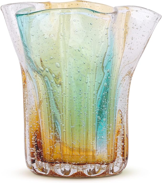 Hand Blown Glass vase, Wide Mouth Petal vase, Colorful Modern Glass Art Home Decor vase for Family Living Room, Wedding Scene, Dining Table Center, Entrance Table top