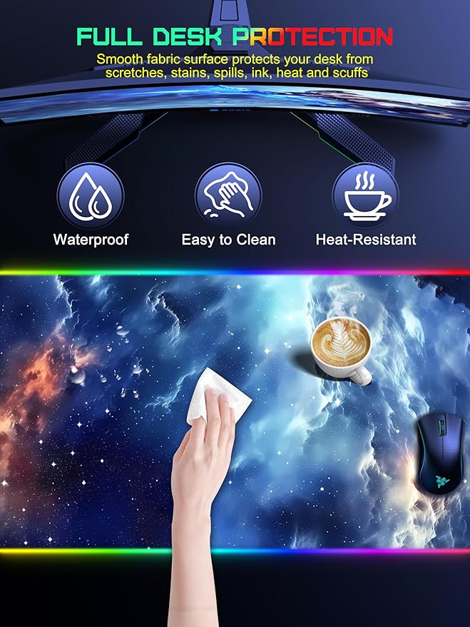 TopMade Wireless Charging Mouse Pad, RGB Gaming Mousepad, 35.4" x 15.8" Extra Large Waterproof Keyboard Desk Pad, Computer Desk Mat, Blue Nebula (Includes 20W PD Power Adapter & 6.56ft Woven Cable)