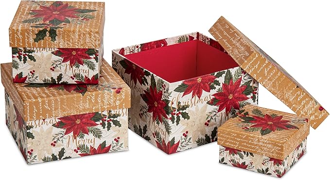 Square Gift Boxes with Lids 4PCS Christmas Gift Box for Presents Nesting Assorted Sizes Present Boxes for Christmas Birthday Valentines Party Gift Wrap