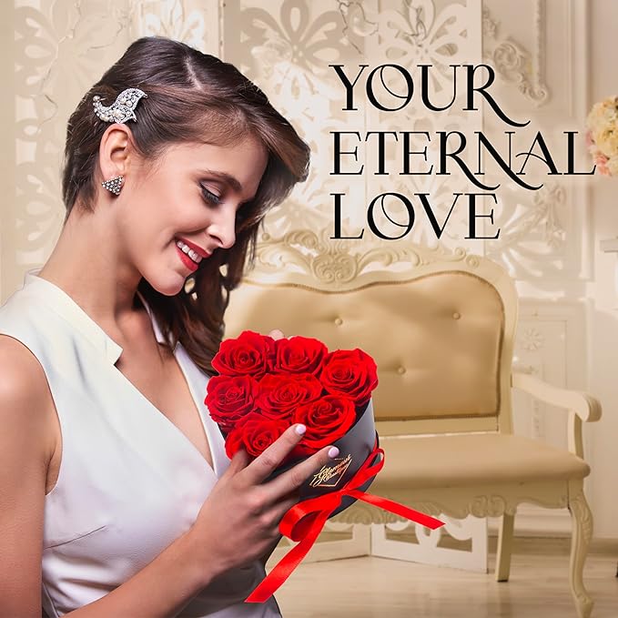 GLAMOUR BOUTIQUE 7 Flower Forever Heart Shape Box - Preserved Roses Gift for Her, Preserved Flowers, Red