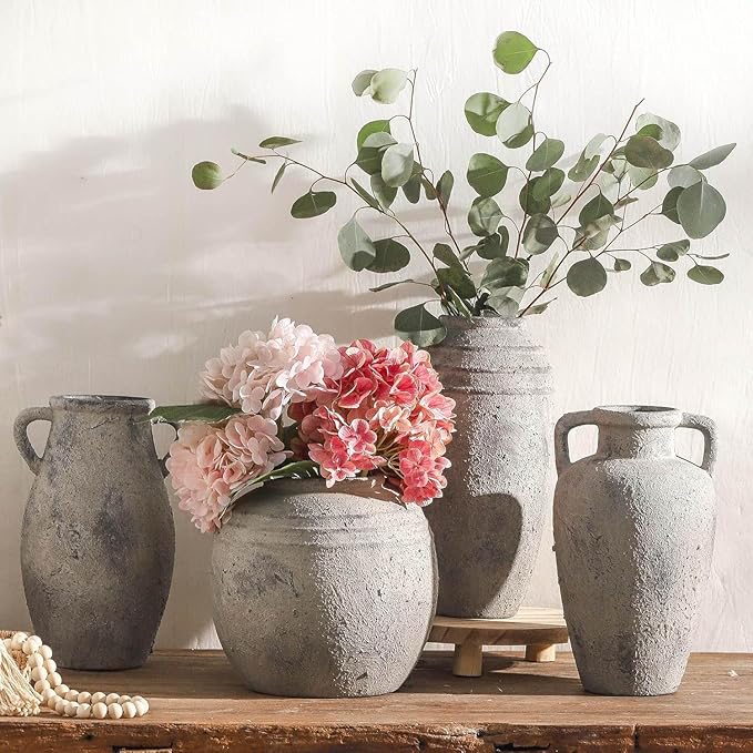 Large Ceramic Rustic Vase, 11.41 inch Tall Terracotta Flower Vase with 2 Handles, Decorative Vases for Home Decor, Dining Table, Living Room, Kitchen, Office