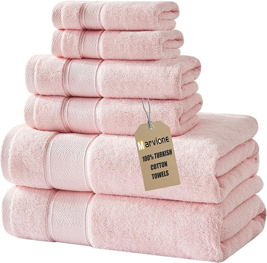 Marvione Bath Towels Set 6 Piece, 100% Turkish Cotton Highly Absorbent and Soft Towels for Bathroom 2 Bath Towels 2 Hand Towels 2 Washcloths, Pink