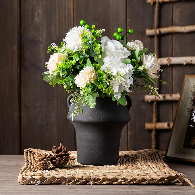 Terracotta Vases, 7 Inch Ceramic Rustic Vase, Vases with Handle for Flower, Vintage Pottery Vases Home Decor, Christmas Decorative Farmhouse Vase for Shelf Decor, Farmhouse, Table, Lyeec