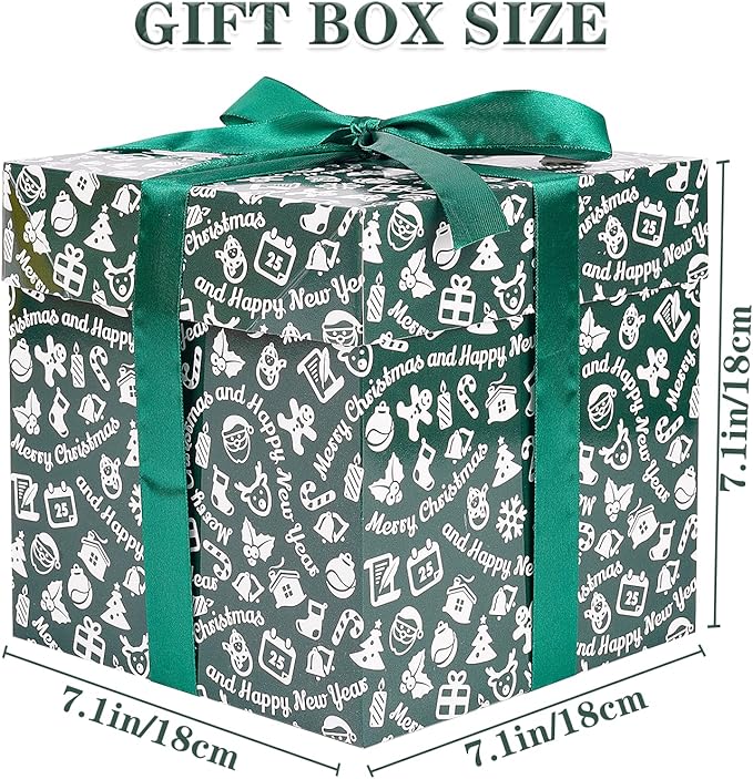 Jaywayang 5 Pack Green Christmas Gift Boxes with Lids, Ribbons and Tissue Papers Square Gift Boxes - 7.1 Inch - Presents Wrapping Christmas Gift Holiday New Year Party Favor Boxes.