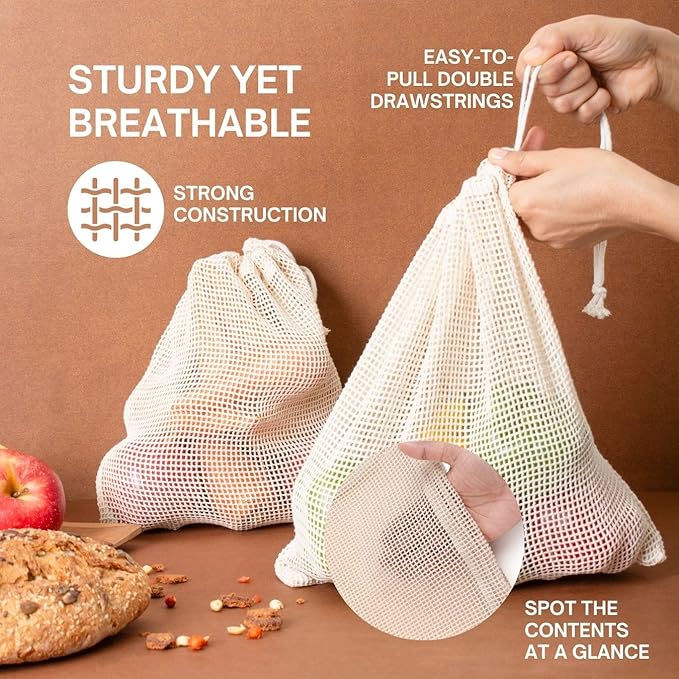 Premium Organic Reusable Mesh Produce Bags, Pack of 6(2L+2M+2S) Washable Mesh bags for Vegetables, Durable, Double Stitched Produce Bags, Machine Washable - Beige