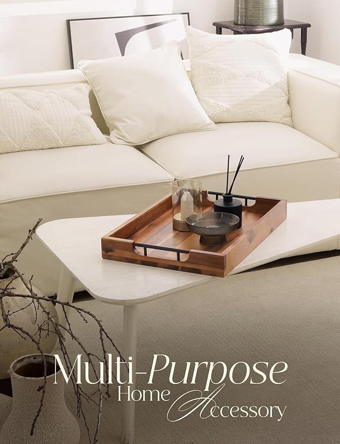 20 Inch Acacia Wood Ottoman Tray for Living Room - Coffee Table Trays, Serving Tray with Handles for Ottoman Table, Decorative Trays for Home Decor, Charcuterie Boards (Acacia Color)