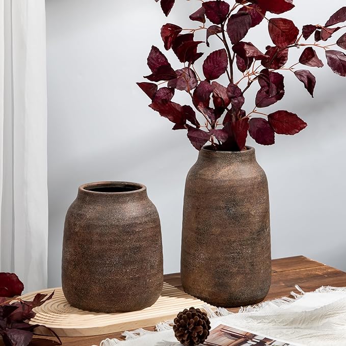 Briful 8.3in Rustic Ceramic Vase, Brown Vintage Flowers Vase, Extra-Large Rustic Farmhouse Vase, Whitewashed Terra Cotta Vase, Antique Pottery Pampas Vase for Home Living Room Kitchen Mantel Decor