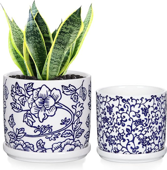 Set of 2 Blue and White Ceramic Plant Pots with Drainage Hole and Saucers, Retro Blue Porcelain Vase Round Planters for Succulent Cactus Indoor Outdoor Garden Home Desktop Decor, 4.5+5.5 Inch