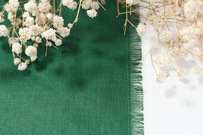 Christmas Table Runner with Fringe- 14x72 Inch Green, 100% Pure Linen Christmas Runner for Table, Green Table Runner for Winter – Machine Washable, Handmade