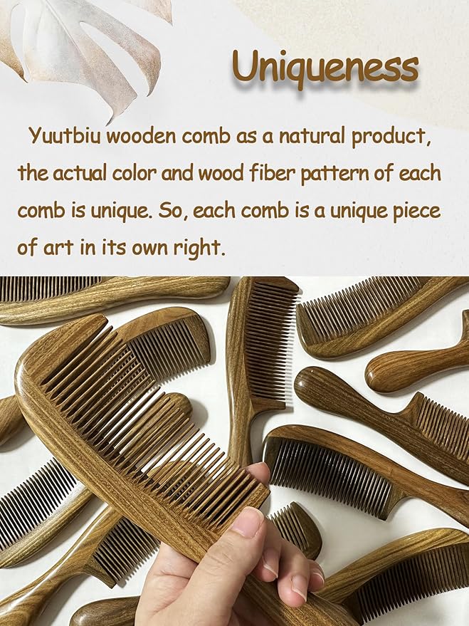 Sharp Fine Tooth Green Sandalwood Comb with Handle - Wooden Thin Hair Detangler Brush for Smoothing & Precision Hair Styling (Anti-Static & Durable)