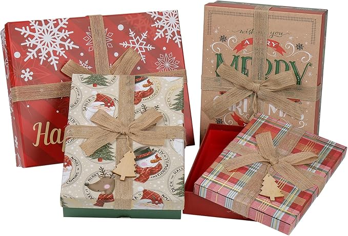 Christmas Gift Boxes with Lids for Presents Large Set of 4 Gift Boxes Bulk Red Brown in Assorted Designs with Bows Decor Wrapping Robe Boxes Xmas Gift Boxes for Christmas Birthdays Wedding Wrap Gifts