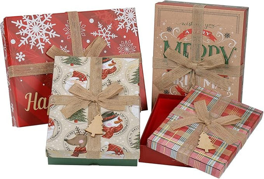 Christmas Gift Boxes with Lids for Presents Large Set of 4 Gift Boxes Bulk Red Brown in Assorted Designs with Bows Decor Wrapping Robe Boxes Xmas Gift Boxes for Christmas Birthdays Wedding Wrap Gifts