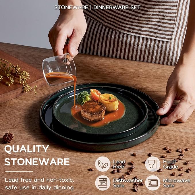 Onader Stoneware Dinnerware Sets for 8, Reactive Glaze Plates and Bowls Sets, Ceramic Dish Dinner Set with Rustic Terracotta Bottom, 24 Piece Elegant Dishware - Emerald Green