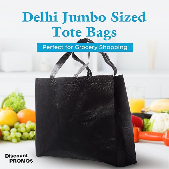 DISCOUNT PROMOS Jumbo Sized Tote Bags Set of 10, Bulk Pack - Reusable Grocery Bags, Shopping Bags, Promotional Item Totes for Women - Black