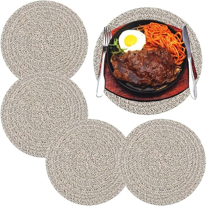 6 Pack Round Woven Placemats,13.8 inch Plate Chargers Mixed Brown Thick Place Mats Cotton Rope Braided Tablemats Rattan Mats for Christmas Table Decoration