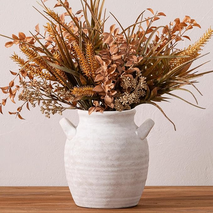 Ceramic Flower Vase Home Decor - Farmhouse Table Vases with Handle Living Room Decoration Vintage Decorative Aesthetic for Shelf Coffee Dining Desk House Bookshelf Fireplace (7.1" Rustic)