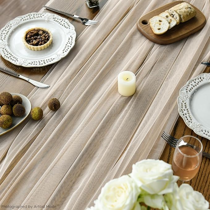 Artoid Mode Peach Gauze Table Runner 120 Inch 10FT, Seasonal Sheer Kitchen Dining Holiday Wedding Birthday Baby Shower Table Decor for Home Party