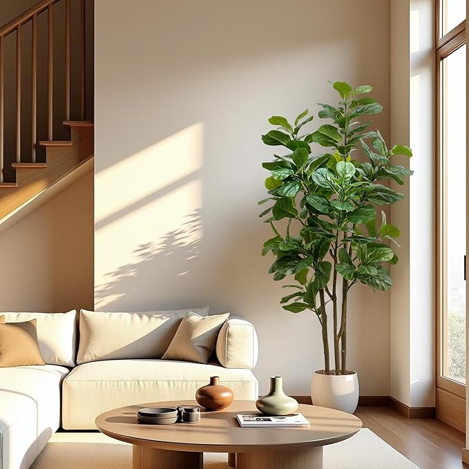 Faux Fiddle Leaf Fig Tree, 6ft Faux Plant Fake Ficus Silk Trees with White Planter, Artificial Fig Trees Floor Plants for House Office Living Room Indoor Home Decor (Fiddle Leaf)
