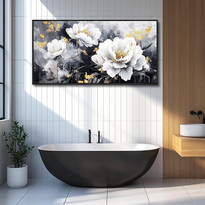 PHAOHUAXM Large Framed Print Canvas Wall Art For Living Room Wall Decor For Bedroom Abstract Wall Painting Ink-Wash White Flowers With Black Frames Dining Room Decor Modern Room Home Decor 20"X40"