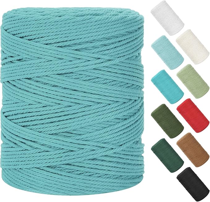Macrame Cord 4mm x 380Yards (1140Feet), Natural Cotton Macrame Rope - 4 Strands Twisted Macrame Cotton Cord for Wall Hanging, Plant Hangers, Crafts, Gift Wrapping and Wedding Decorations, Lake Green