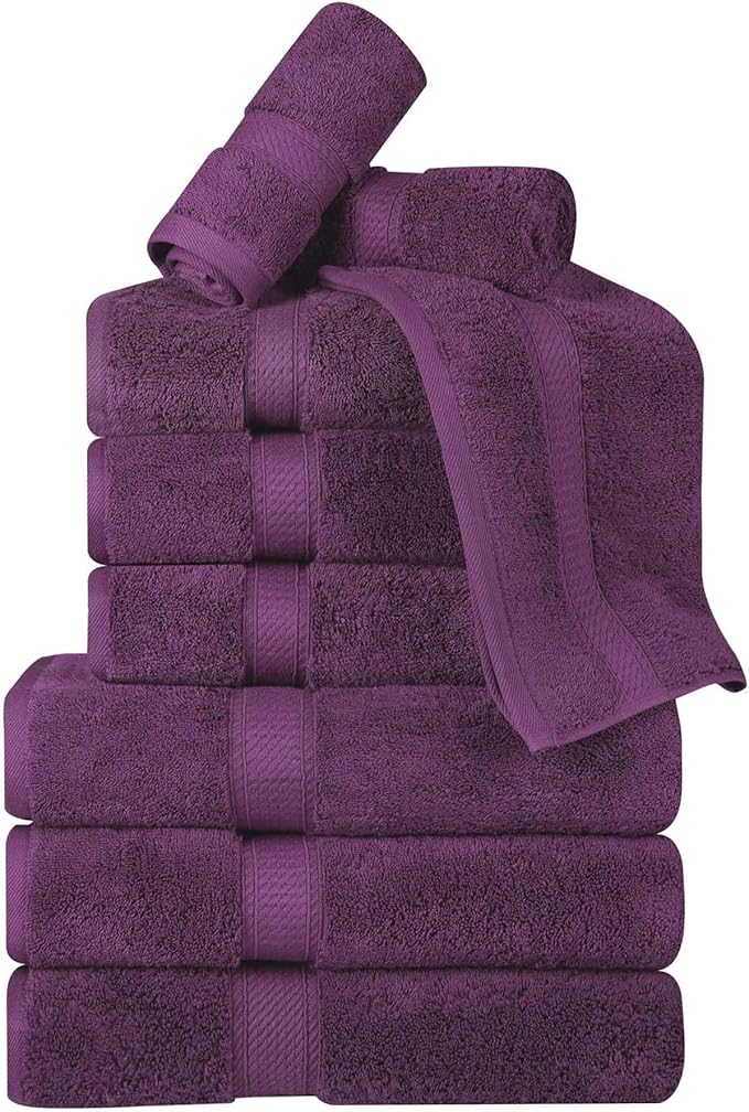 BNM Egyptian Cotton Heavyweight Towels, Ideal For Bathroom, Shower, Spa, Hotel, 800 GSM, Face/ Washcloths, Hand Towels, Bath Towels, Highly-Absorbent, Luxury Home Basics, 9 Piece Towel Set, Plum
