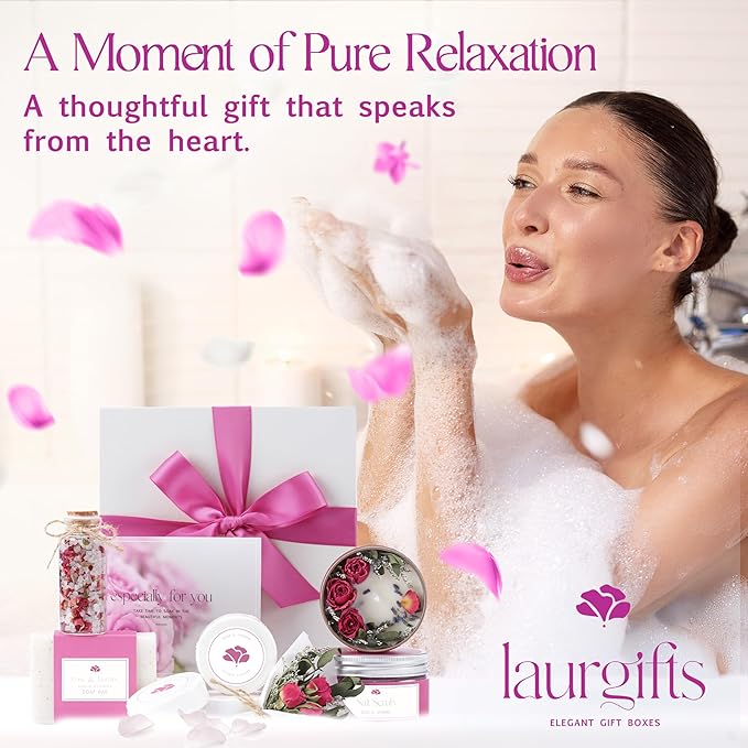 Spa Gift Set for Women – Small Self Care Gift Box with Relaxing Rose & Jasmine Scent – Bath Gift for Birthday, Christmas & Thank You – Elegant Spa Gift for Mom, Wife, Sister or Friend