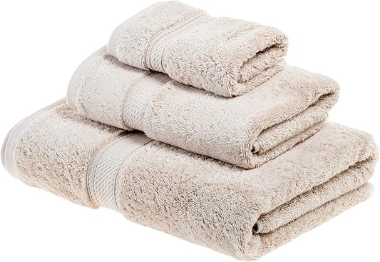 BLUENILEMILLS Buckingham Egyptian Cotton 3-Piece Towel Set, Washcloths, Hand Towels, Bath Towels, Stone