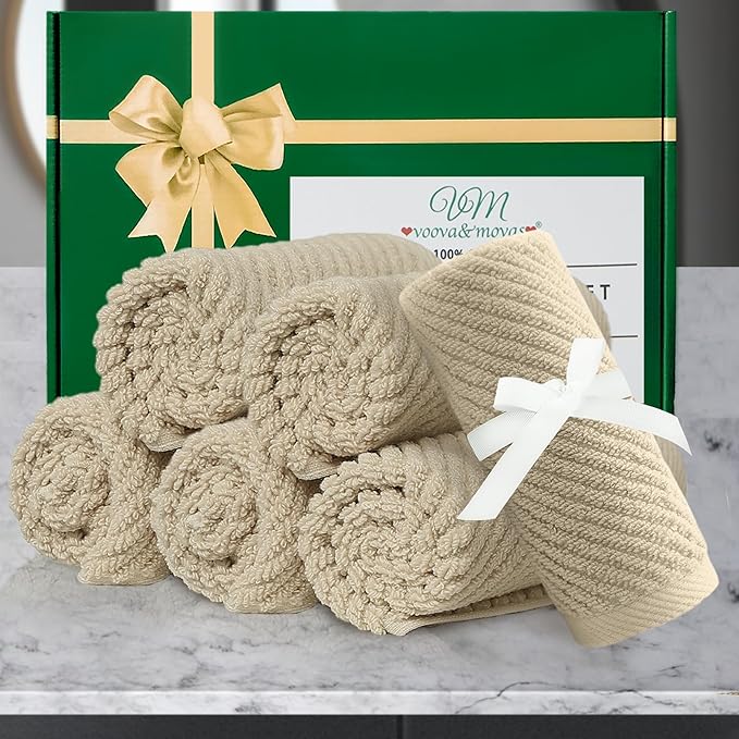 VOOVA & MOVAS Beige Face Cloths, (6PC, 13"x13") - 100% Cotton | Lightweight | Thick | Quick Dry | Soft | Absorbent, Wash Cloths for Showering & Bathroom, Bathroom Essentials, Dark Tan