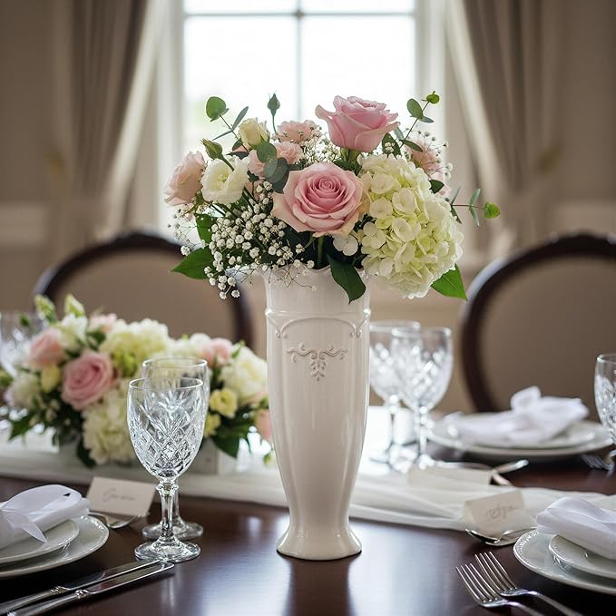 hjn White Ceramic Vase- French Flower Vase for Decor Tall Vintage Vases for Flowers/Home Decoration/Kitchen/Table/Living Room/Shelf/Mantel/Office-Height-11.6"