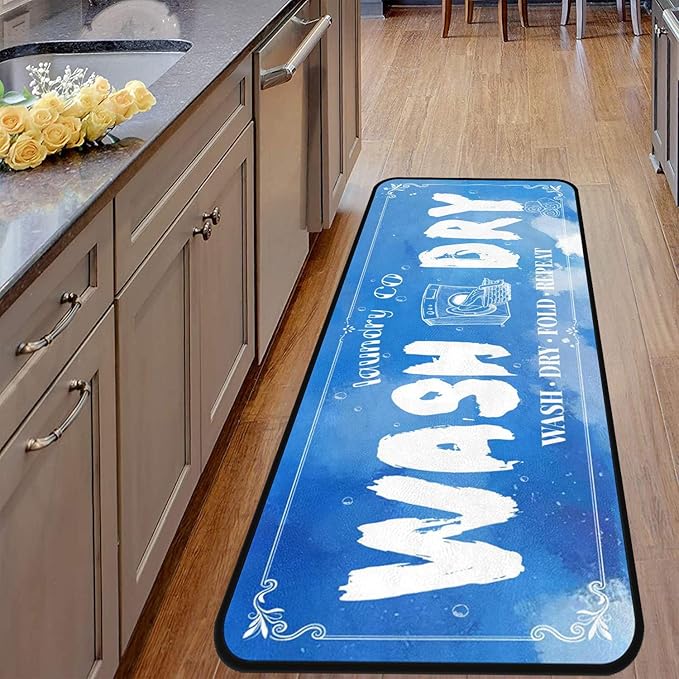 Laundry Room Long Mat Area Rug Non-Slip Floor Mat Waterproof Farmhouse Carpet for Kitchen 72" x 24" (Blue-1)