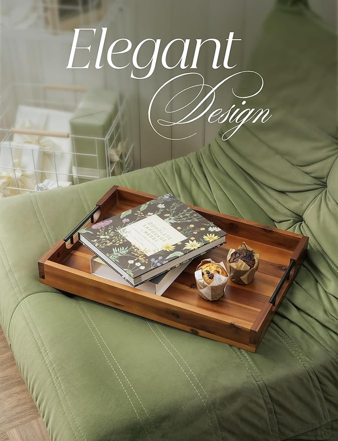 20 Inch Acacia Wood Ottoman Tray for Living Room - Coffee Table Trays, Serving Tray with Handles for Ottoman Table, Decorative Trays for Home Decor, Charcuterie Boards (Acacia Color)