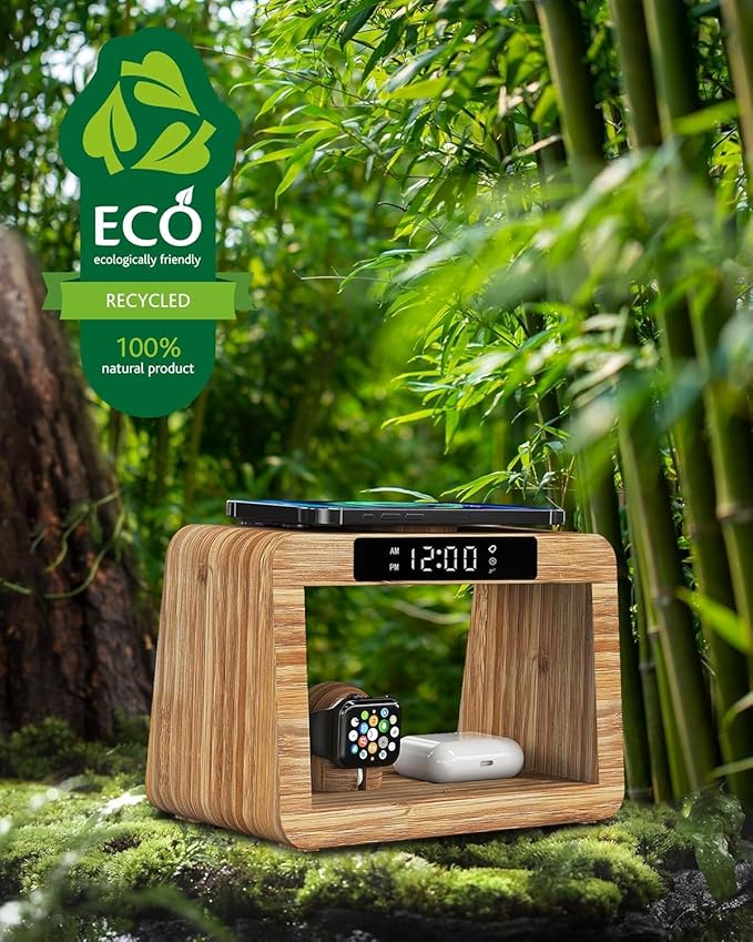 Bamboo Wireless Charging Station,Wireless Charger with Digital Alarm Clock and Night Light,Fast Charger Stand Compatible with iPhone17/16/15/14/13/12/11 Pro Max/X/Xs/AirPods Pro/iWatch Series