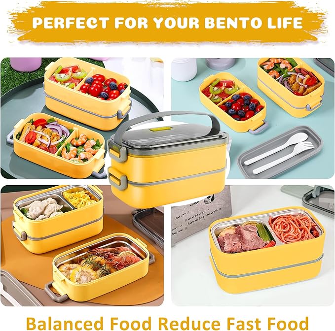 Bento Lunch Box for Kids Women Men, 47oz 2-Compartment Snack Salad Metal Food Prep Pack Container for Lunch, Stainless Steel 2 Layers Stackable Lunch Containers with Lids for Adults and Teens Yellow
